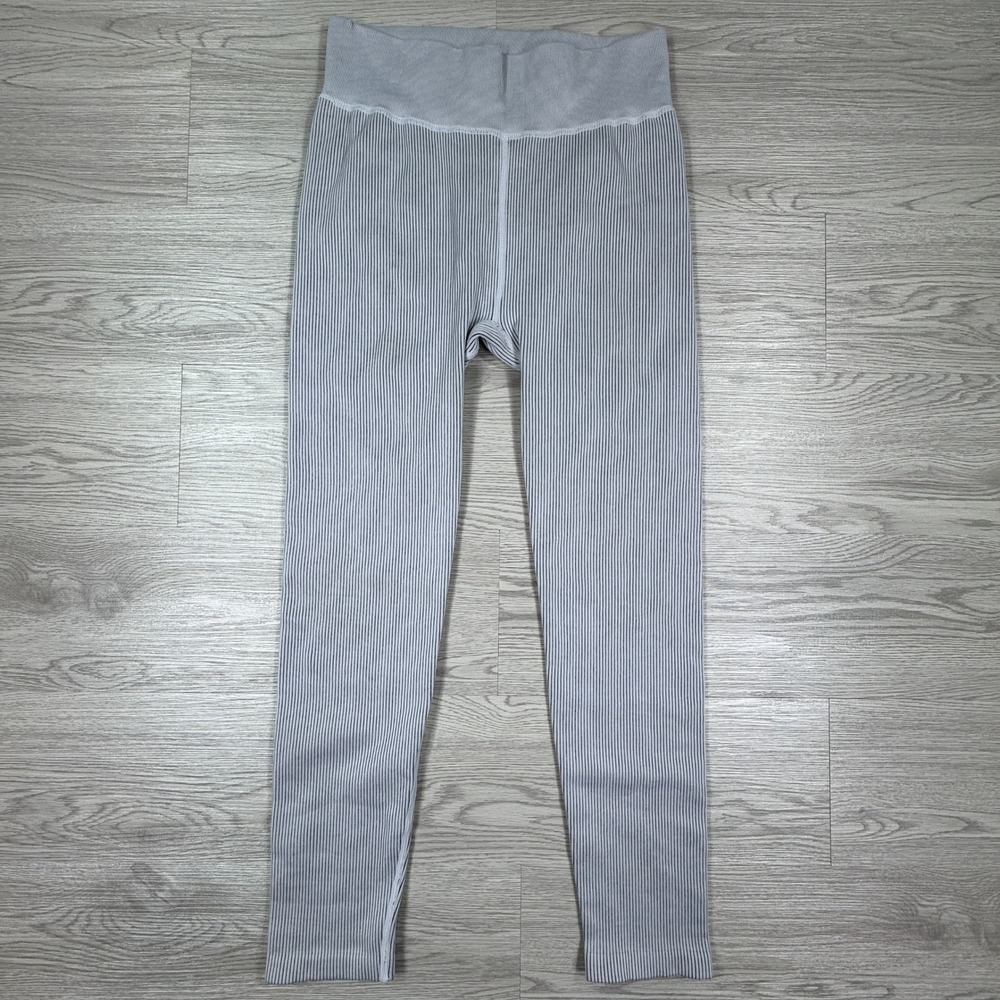 Calvin Klein Women Leggings Performance Ribbed Gray White Medium High Rise